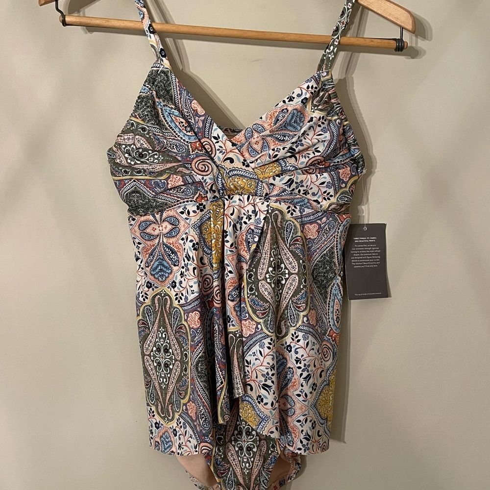 Garnet Hill Plus Ruched Overlay One Piece Swimsuit Rio Tile Print NWT Size 2